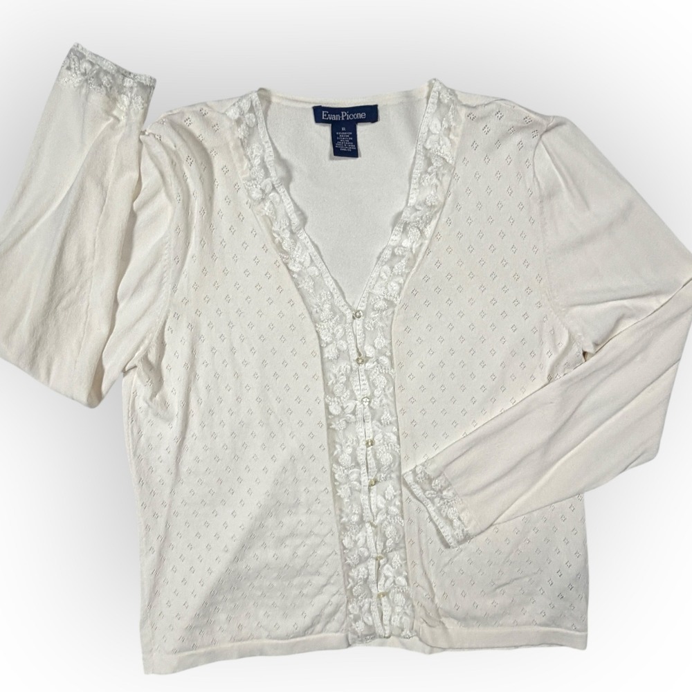 Evan-Picone Women White Pointelle Knit Lace Button Front Cardigan Cottagecore XL - Picture 2 of 10